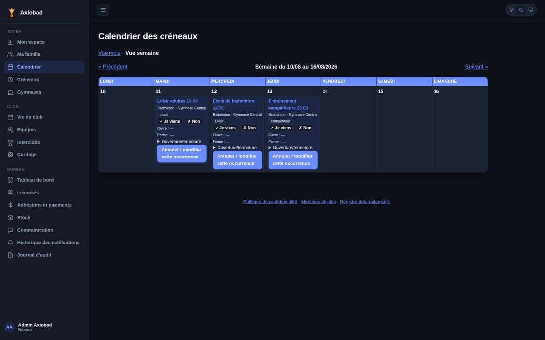 Calendrier hebdomadaire des créneaux Axiobad, avec réponse présence directe sur chaque créneau