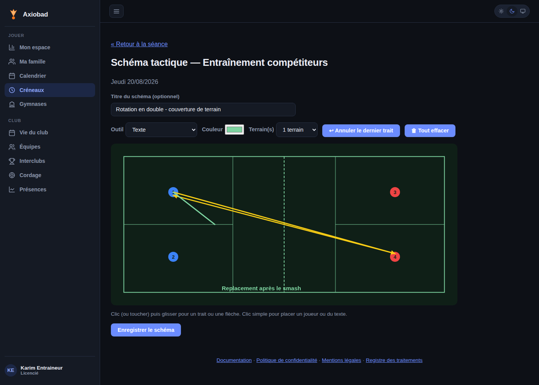Éditeur de schéma tactique Axiobad : terrain de badminton, joueurs positionnables, trajectoires, texte